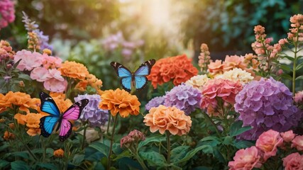 AI GENERATE, A vibrant butterfly garden with gradient flowers in pastel colors