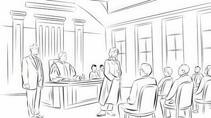 Black and White Courtroom Illustration for Legal Concepts and Justice Themes
