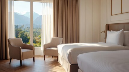 Serene Morning in Guest Room with Sunlight Streaming Through Large Windows Overlooking Scenic Mountains and Lush Greenery