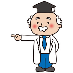 横を指さす博士