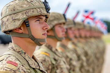 Fototapeta premium An army officer giving a motivational speech to troops lined up in formation, with banners and vehicles in the background
