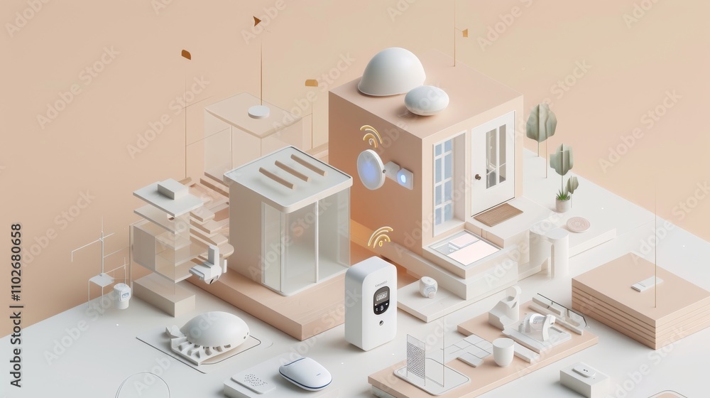 Poster a modern smart home system displaying interconnected devices with wireless technology. the minimalis