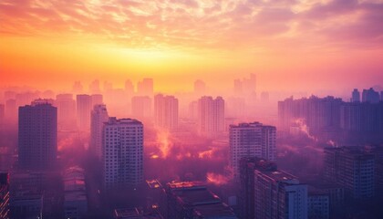 Fototapeta premium A vibrant sunrise over a city skyline shrouded in mist.