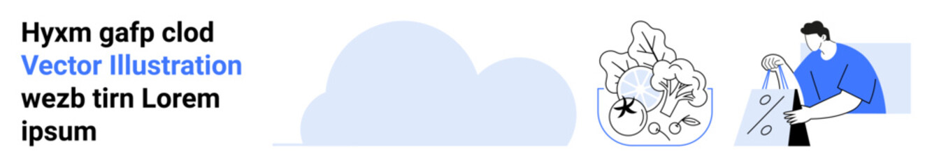 Man ironing shirt with steam iron, wrinkle-free outcome, large cloud shape, and dummy text. Ideal for laundry services, cleaning, household chores, domestic tasks, garment care home economics