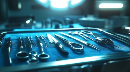 A close-up of a neatly organized surgical tool kit on a sterile blue drape, featuring sharp scissors, scalpels, and forceps, gleaming under surgical lights.
