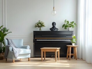 Elegant Living Room with Black Upright Piano, Bust Sculpture, and Minimalist Decor Featuring Light Blue Armchair, Wooden Furniture, and Greenery Accents.