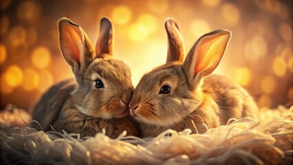 Fototapeta premium Adorable Bunny Couple: Close-Up High-DOF Photo of Two Bunnies Huddled Together
