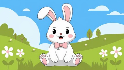 Cute White Rabbit Cartoon with Bowtie in a Spring Meadow - Adorable Animal Illustration