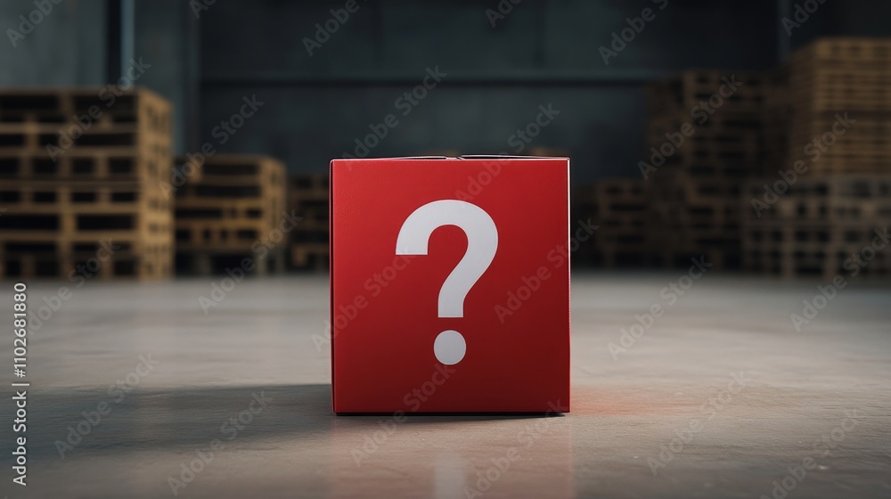 Aufkleber mysterious red box with question mark in warehouse setting