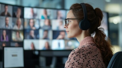 Focused Woman Engaged in Virtual Meetings, Multi-tasking with Technology in a Modern Office Environment, Surrounded by Multiple Video Call Screens