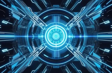 Futuristic digital interface design with glowing blue neon circuits and a central circular hub, symbolizing advanced technology, innovation, and the concept of cyberspace