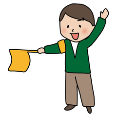 手を挙げてPTAの旗振り当番をする男性