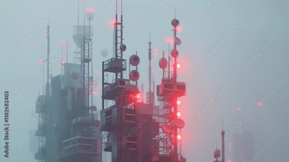 Poster a network of high-tech communication towers illuminated by red lights, standing tall in dense fog, c