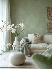 Elegant Modern Living Room with Soft Green and White Decor Featuring a Cozy Chair, Floral Arrangements, and Minimalist Furniture for a Serene and Inviting Atmosphere.