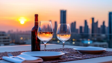 Stunning Sunset Dinner on Rooftop Table with Stylish Glasses and Bottle Overlooking City Skyline, Perfect for Romantic Evening or Special Occasion