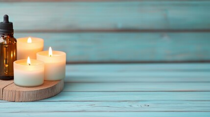 A serene arrangement of glowing candles and an essential oil bottle on a rustic wooden surface, creating a calming ambiance.