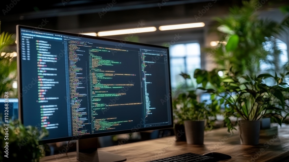 Aufkleber modern workspace with coding on screen and green plants