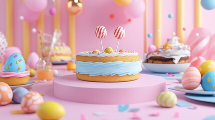 Festive Easter Cake With Candy Lollipops And Decorated Eggs
