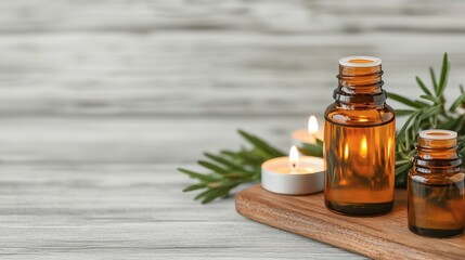 A serene arrangement of essential oil bottles, candles, and greenery on a wooden surface, creating a calming ambiance.