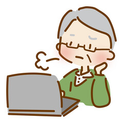 パソコンの操作をしながらため息をつくおじいさん