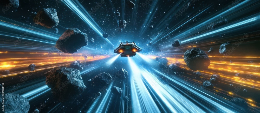 Poster spaceship speeding through asteroid field in hyperspace.
