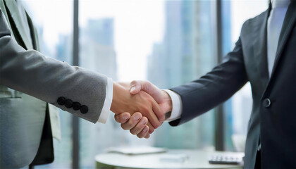 A photo highlighting a business handshake in the background of the office