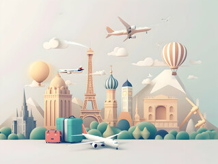 Travel Concept with Plane on Famous Landmark and Historical Places,  3d Airline Ticket, Travel Bag, Globe and Airplane. Render Paper Ticket with Plane Icon, Suitcase and Planet Earth. Travel Element. 