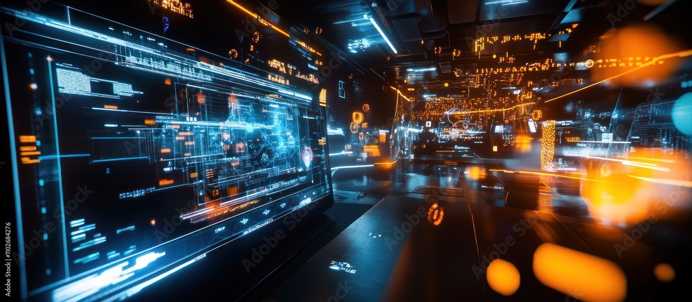 Poster futuristic digital interface with glowing holographic displays showing data streams and analytics.