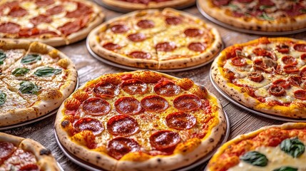 Assorted pizzas with various toppings on wooden table, appetizing and colorful display.