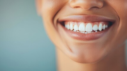 Naklejka premium A close-up of a smiling person showcasing bright, white teeth, conveying joy and confidence against a soft, neutral background.