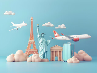 Travel Concept with Plane on Famous Landmark and Historical Places,  3d Airline Ticket, Travel Bag, Globe and Airplane. Render Paper Ticket with Plane Icon, Suitcase and Planet Earth. Travel Element. 