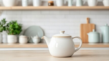 A white teapot sits elegantly on a wooden table, with a stylish kitchen backdrop featuring shelves and decorative items.