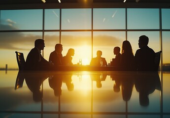 International Business Meeting in Modern Office with Sunlit Silhouette Group, Corporate Event Discussion in Progress