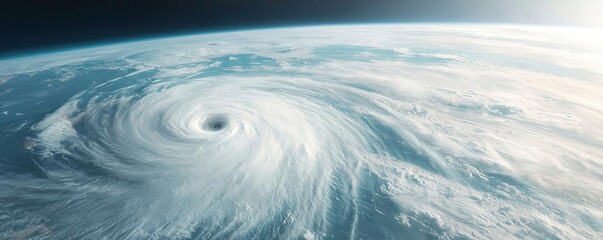 Aerial view of a powerful hurricane swirling over the ocean.