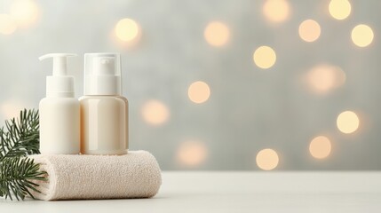 A serene arrangement of skincare bottles on a towel with a soft, blurred background of warm lights, creating a calming and inviting atmosphere.