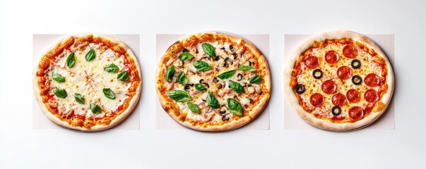 Three delicious pizzas with various toppings on a white isolated background.