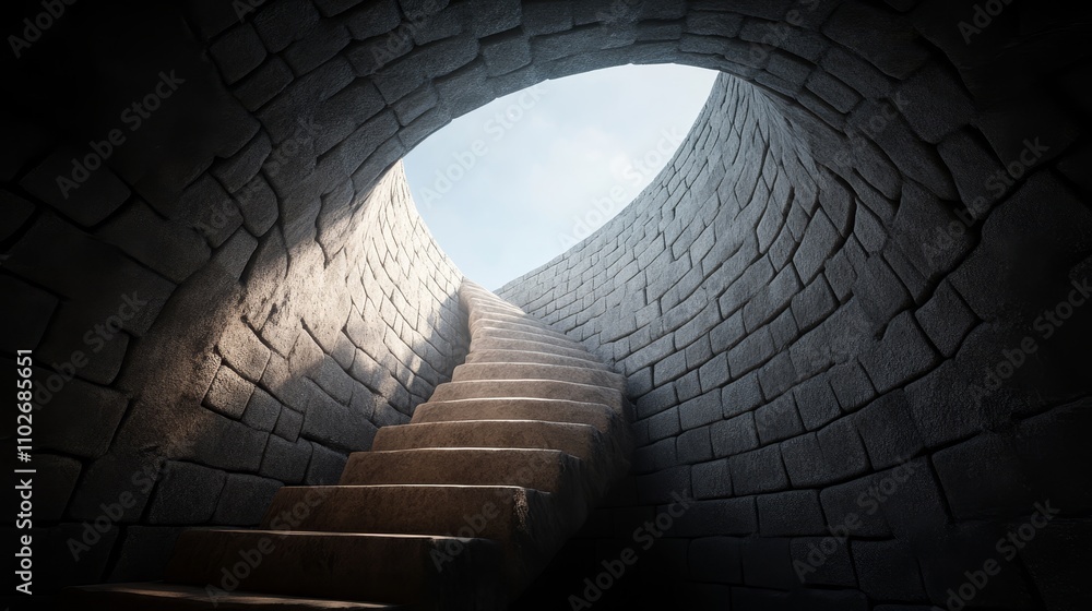 Poster stairs in a circular stone structure with sky view
