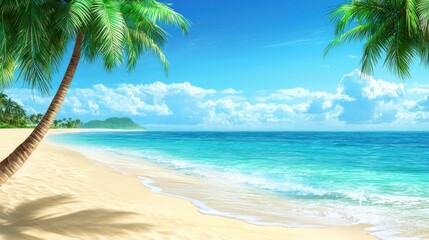 A tropical beach with palm trees, a clear blue ocean, and a sandy shore, perfect for a summer vacation theme