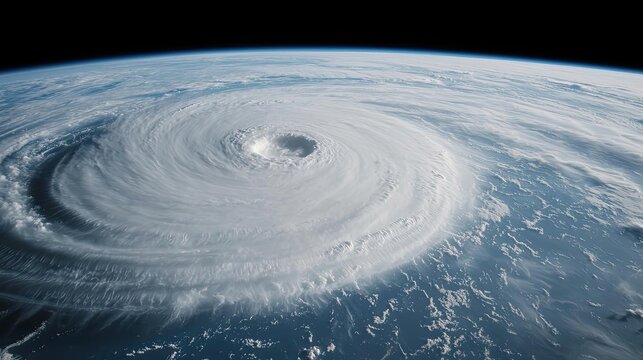 Storm swirl over ocean, powerful cyclone from space, dramatic natural phenomenon.