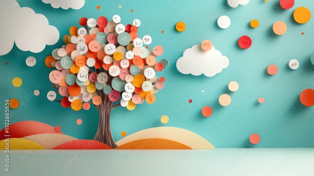 Poster whimsical and vibrant abstract featuring a colorful tree with floating shapes circles and clouds aga