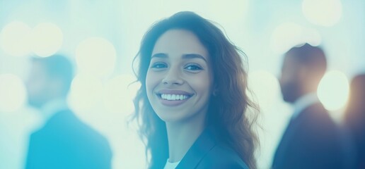 Diverse Business Professionals Smiling and Posed, Light Blue Background, Blurred Office Interior, Bright Lighting, Hyper-Realistic Happy Mood,
