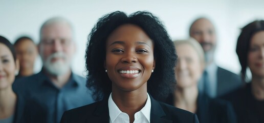 Diverse Business Professionals Smiling and Posed, Light Blue Background, Blurred Office Interior, Bright Lighting, Hyper-Realistic Happy Mood,