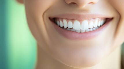 Obraz premium A close-up of a smiling person showcasing bright, white teeth against a soft, blurred background, radiating happiness and confidence.
