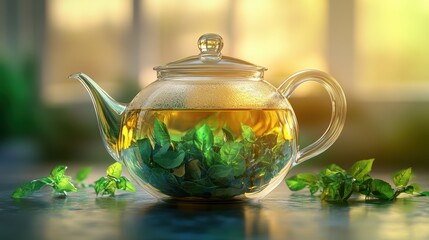 Clear Glass Teapot with Brewing Tea Leaves Highlighting Fragrant Green Herbs.