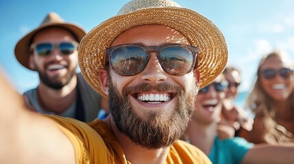 Obraz premium Group of cheerful smiling friends in sunglasses and hats celebrating and having fun together during a carefree outdoor summer vacation or travel adventure