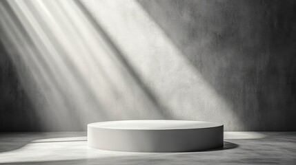 White Cylindrical Platform In A Grey Room With Light Rays