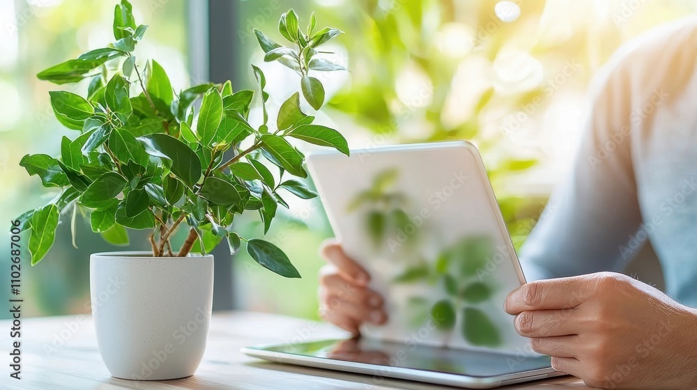 Poster closeup of a green leafy plant in a white pot placed on a desk in a modern office workspace a tablet