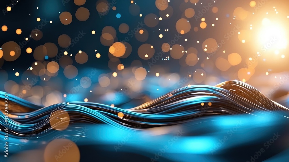 Poster glowing ethereal waves of luminous shimmering orbs flowing and swirling dynamically against a backdr