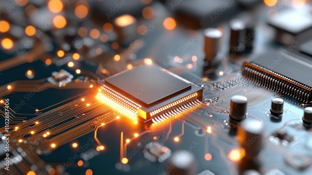 Poster closeup of a glowing electronic circuit board with bright microchips processors and various electric
