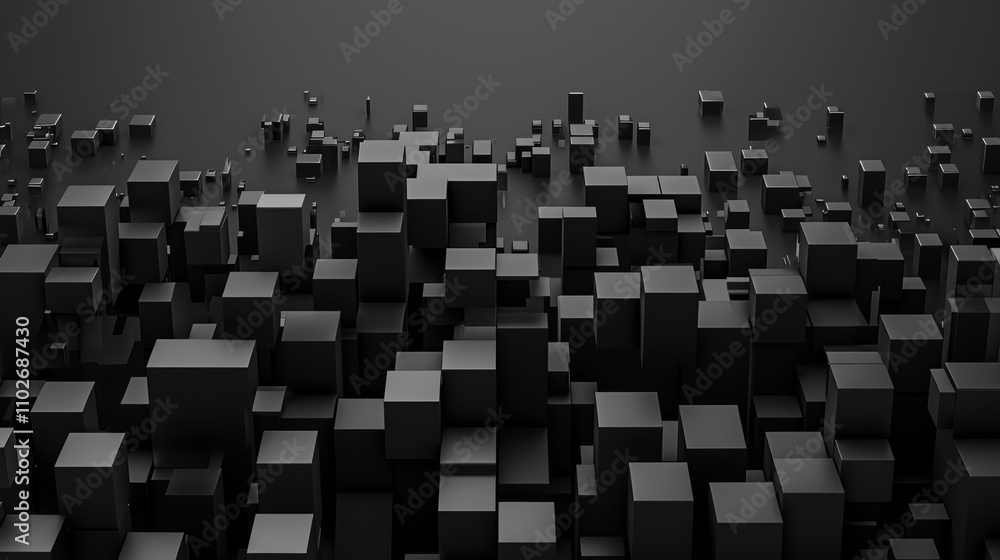 Poster a sleek, minimalistic composition of black cubes in varying sizes arranged on a smooth dark surface,
